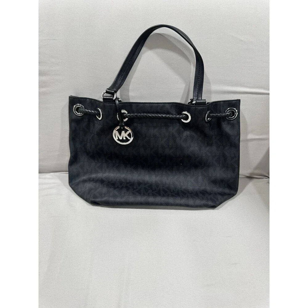 Michael Kors Black Signature Shoulder Bag W/ Tassels And Silver Hardwear